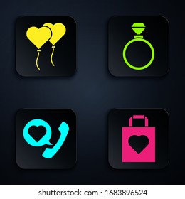 Set Shopping bag with heart, Balloons in form of heart, Telephone with heart speech bubble and Wedding rings. Black square button. Vector