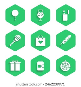 Set Shopping bag with heart, Beer can, Classic dart board and arrow, Firework rocket, Gift box, Maracas, Lighter and Balloon ribbon icon. Vector