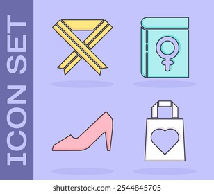 Set Shopping bag with heart, Breast cancer awareness ribbon, Woman shoe and Book about women icon. Vector