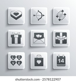 Set Shopping bag with heart, Calendar February 14, Gift box, Envelope Valentine, Love text, Candy shaped and  icon. Vector