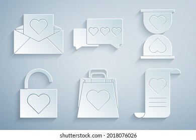 Set Shopping bag with heart, Heart the center hourglass, Lock and, Envelope Valentine, Like and  icon. Vector