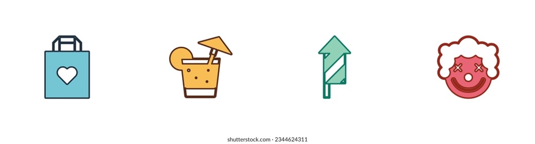 Set Shopping bag with heart, Cocktail, Firework rocket and Clown head icon. Vector