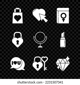 Set Shopping bag with heart, Heart and cursor click, Book about women, Speech bubble I love you, Castle key shape, Diamond, the of and Round makeup mirror icon. Vector