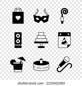 Set Shopping bag with heart, Festive mask, Birthday party horn, Cocktail, Cake burning candles, Microphone, Stereo speaker and  icon. Vector
