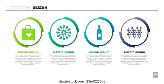 Set Shopping bag with heart, Firework, Beer bottle and Christmas lights. Business infographic template. Vector
