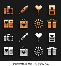 Set Shopping bag with heart, Greeting card, Gift box, Firework, Balloon form of, Photo camera and rocket icon. Vector