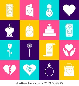 Set Shopping bag with heart, Heart hand, Mobile, shape light bulb, tag, Bottle love potion,  and Wedding cake icon. Vector