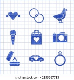 Set Shopping bag with heart, Limousine car, Diamond engagement ring, Photo camera, Wedding rings, Microphone, Dove and Amour and arrow icon. Vector