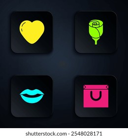 Set Shopping bag, Heart, Smiling lips and Flower rose. Black square button. Vector