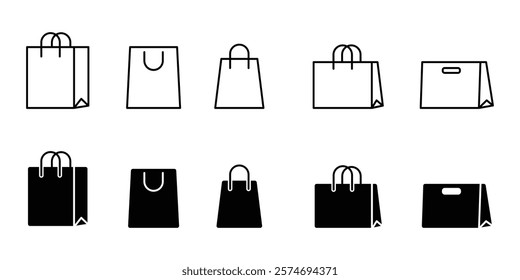 Set of shopping bag icon in black fill and outline. Paper Bags. Online Shop Symbol, shopping bag  Packages symbol. Vector Illustration.