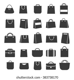 Conjunto de iconos de bolsas de compras color negro y estilo plano aislado en fondo blanco. Ilustración del vector