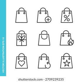 Conjunto de iconos de la bolsa de compras. Colección de Elementos de símbolo de línea delgada.