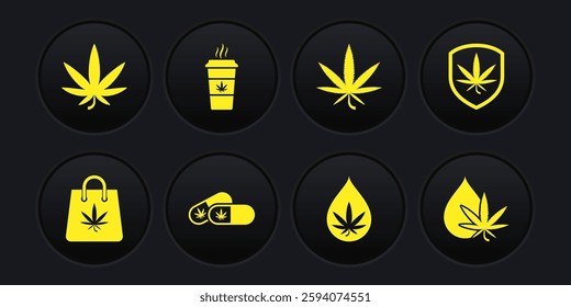 Set Shopping bag of marijuana, Shield and, Medical pills with, Marijuana or cannabis leaf oil, Cup coffee,  and  icon. Vector