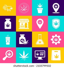 Set Einkaufstasche Marihuana, Teströhre mit, Schild und, Marijuana Pflanzenkopf, Cannabis-Laden, Medizinische Flasche, Warenkorb und Location Symbol. Vektorgrafik