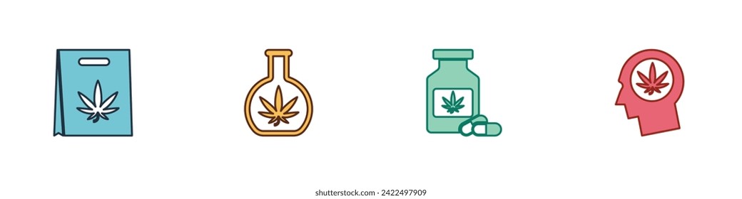 Poner bolsa de compras de marihuana, Tubo de prueba con, botella médica y icono de perfil de cabeza. Vector