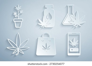 Set Bolsa de marihuana, Tubo de ensayo con marihuana, Hoja de marihuana o cannabis, Compra online, icono de olla de aceite y planta. Vector