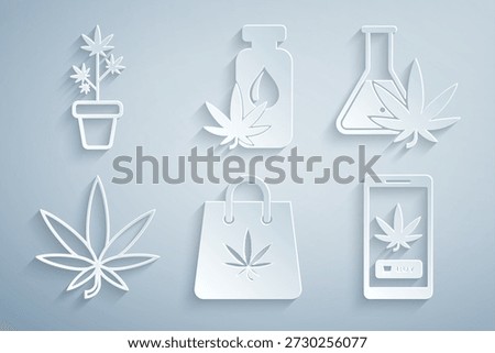 Set Shopping bag of marijuana, Test tube with, Marijuana or cannabis leaf, Online buying, oil and plant pot icon. Vector