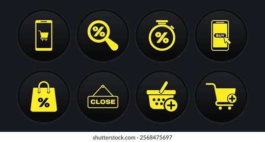 Set Shopping bag with percent, Mobile and shopping cart, Hanging sign Close, Add to basket, Stopwatch, Magnifying glass,  and  icon. Vector