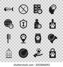 Set Shopping bag pet, Pet toys bone rubber and ball, shampoo, Dog pill, Animal health insurance, World, Fish skeleton and  icon. Vector