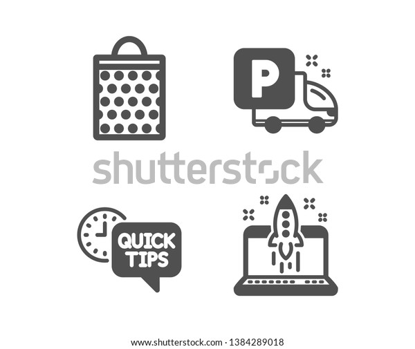 Set\
of Shopping bag, Quick tips and Truck parking icons. Start business\
sign. Paper package, Helpful tricks, Free park. Launch idea. \
Classic design shopping bag icon. Flat design.\
Vector