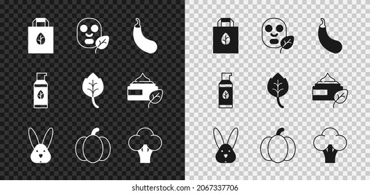 Set Shopping bag with recycle, Facial cosmetic mask, Eggplant, Animal cruelty free, Pumpkin, Broccoli, Organic and Leaf or leaves icon. Vector