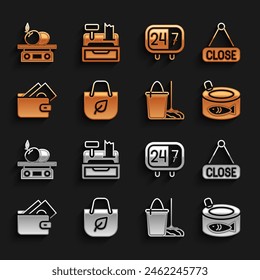 Set Shopping bag with recycle, Hanging sign Closed, Canned fish, Mop and bucket, Wallet money, Clock 24 hours, Electronic scales for product and Cash register machine icon. Vector