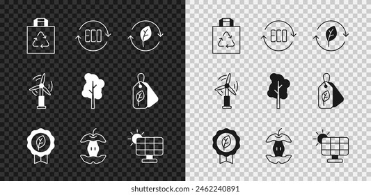 Set Shopping bag with recycle, Leaf Eco symbol, Recycle leaf, Apple core, Solar energy panel, Wind turbine and Tree icon. Vector