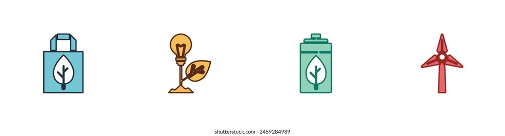 Set Shopping bag with recycle, Light bulb leaf, Eco nature and battery and Wind turbine icon. Vector