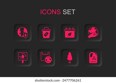 Set Shopping bag with recycle, Trash can, Earth shield, Tree, Hand holding globe, Radioactive waste barrel, Calendar autumn leaves and Recycle clean aqua icon. Vector