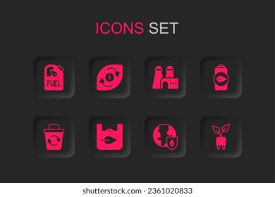 Set Shopping bag with recycle, Water energy, Bio fuel canister, Earth shield, Eco nature leaf battery, Electric saving plug, Factory production and Recycle bin icon. Vector
