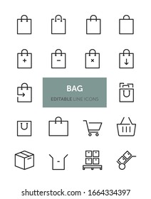 Conjunto de iconos de línea vectorial relacionados con la bolsa de compra con trazo editable. Contiene iconos como Agregar a bolsa, Proteger, Carrito, Cesta y más.
