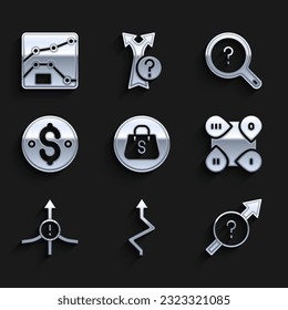 Set Shopping bag with Sale, Arrow, Infographic element, Dollar symbol, Unknown search and Graph, chart, diagram icon. Vector