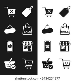 Set Shopping bag with Sale, Signboard hanging, Remove shopping cart, Label template price tag, Mobile and basket, Market store, Refresh and check mark icon. Vector