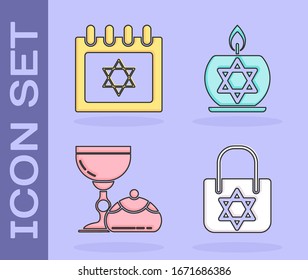 Set Shopping bag with star of david, Jewish calendar with star of david, Jewish goblet and hanukkah sufganiyot and Burning candle in candlestick with star of david icon. Vector