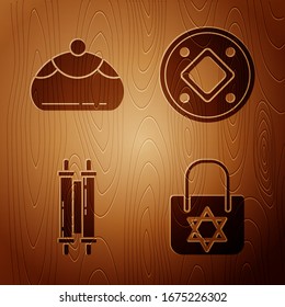 Set Shopping bag with star of david, Jewish sweet bakery, Torah scroll and Jewish coin on wooden background. Vector