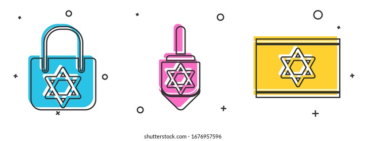 Set Shopping bag with star of david, Hanukkah dreidel and Flag of Israel icon. Vector