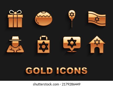 Set Shopping bag with star of david, Flag Israel, Jewish synagogue, Star David, Orthodox jewish hat, Balloon, Gift box and sweet bakery icon. Vector