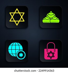 Set Shopping bag with star of david, Star of David, World Globe and Israel and Jewish sweet bakery. Black square button. Vector