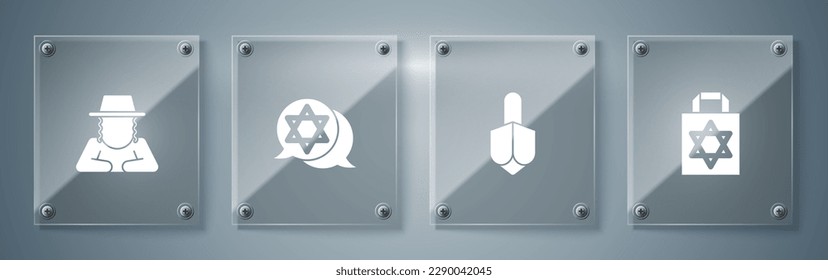 Set Shopping bag with star of david, Hanukkah dreidel, Star David and Orthodox jewish hat. Square glass panels. Vector