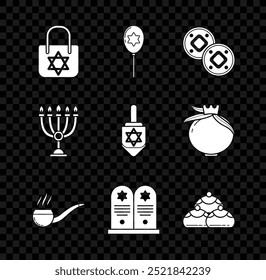 Set Einkaufstasche mit Davidstern, Balloons Band, jüdische Münze, Rauchrohr Rauch, Tombstone, süße Bäckerei, Hanukkah Menorah und dreidel Ikone. Vektorgrafik