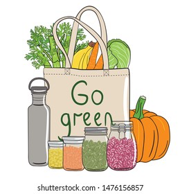 Set of shopping bag, vegetables, fruits, jars with beans and zero waste elements. Let's save the planet and ecology. Go green. Eco life. No plastic. Hand drawn vector illustration.