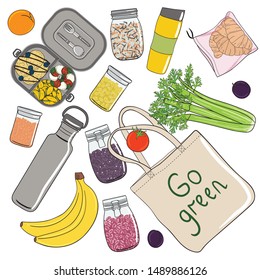 Set of shopping bag, vegetables, fruits, jars with beans and zero waste elements. Let's save the planet and ecology. Go green. Eco life. No plastic. Hand drawn vector illustration.