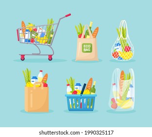 Set of shopping bags, basket, cart, trolley. Grocery purchases, paper, cloth, plastic packages, string mesh eco bag with products. Natural food, organic fruits and vegetable. Department store goods