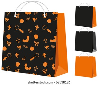 Set of shopping bags: black and orange, and with the Halloween pattern, vector illustration