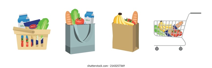 Set of shopping bags in cartoon style. Vector illustration of baskets, bags, paper bag, carts with different products, milk, pasta, tomatoes, cabbage, bananas and bread.