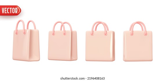 Set of shopping bags. Collection of paper pink shopping bags. Realistic 3d cartoon style design. vector illustration