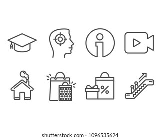 Set of Shopping bags, Graduation cap and Recruitment icons. Video camera, Shopping and Escalator signs. Sale marketing, University, Headhunter aim. Movie or cinema, Gifts and sales, Elevator. Vector