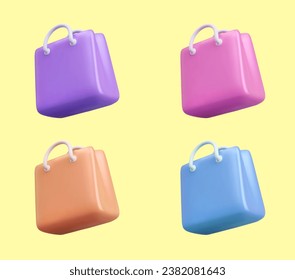 Set of shopping bags with handles. Classy packaging of different colors. Collection of vector images on yellow background. Unmarked items, place for logo, brand