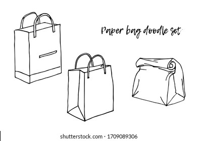 Conjunto de bolsas de compras aisladas. Estilo de esbozo de línea. Ilustración dibujada a mano en blanco y negro. Paquete.Bolsas de papel. Estilo Doodle. Venta 300 DPI