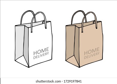 Set of shopping bags isolated. Line sketch style. Hand drawn illustration on white background. Package. Paper bags. Doodle style. Sale. Two packages for shopping with grips. Home delivery food